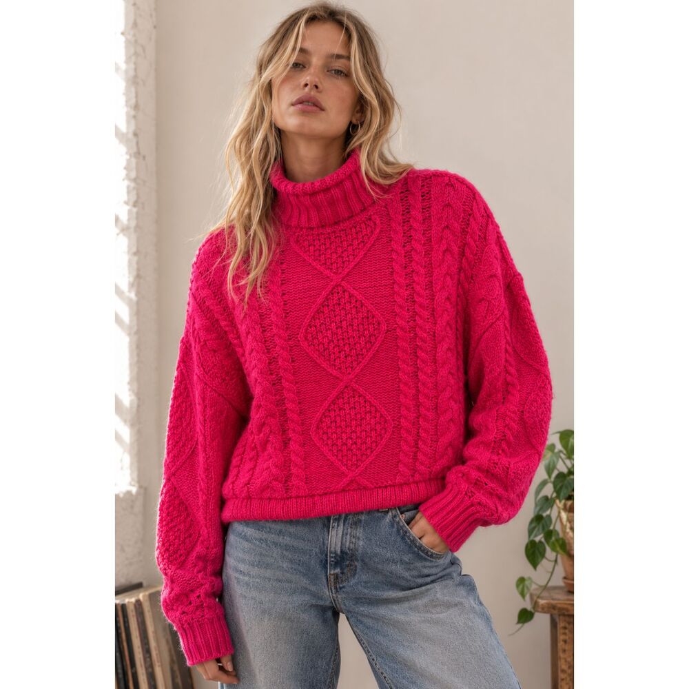 Cable Knit Mock Neck Sweater Hot Pink Chunky Cropped Pullover Cozy Dopamine